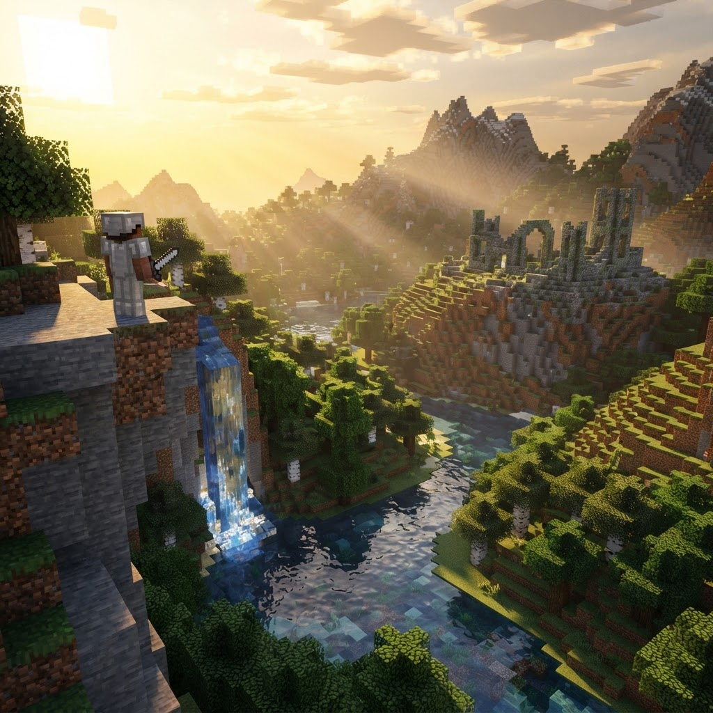 An adventurer overlooking a vast wilderness of forests, ruins, and waterfalls