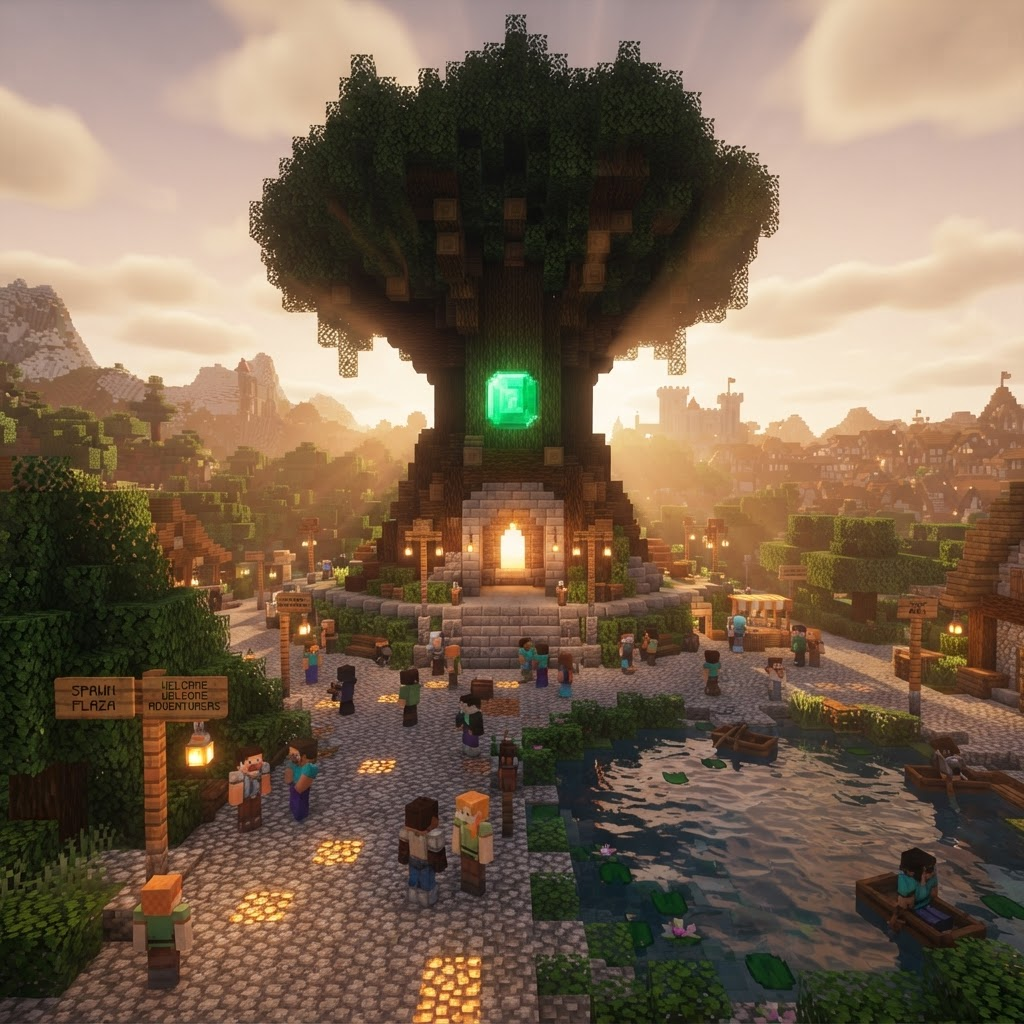 The HavenGrove spawn plaza built around the glowing Haven Tree