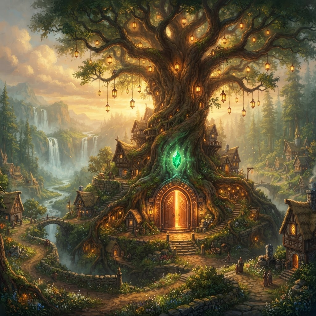 The Haven Tree towering over a lantern-lit forest village at golden hour