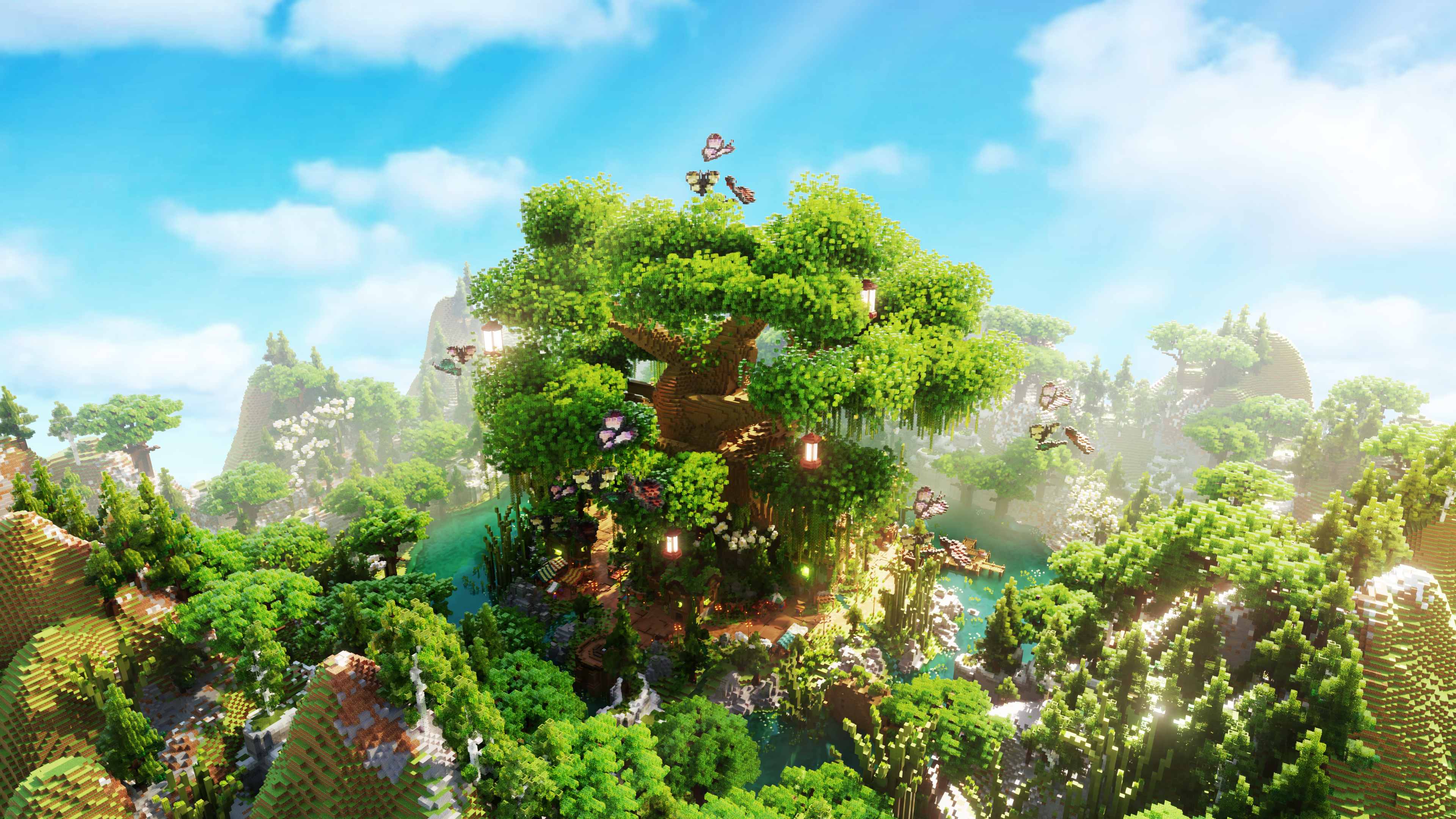 HavenGrove spawn: a giant tree with glowing lanterns, waterfalls, and a village nestled in its roots